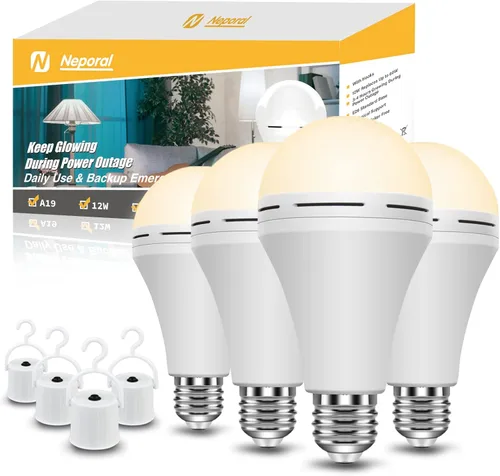 Bombillas de Luz de Emergencia Recargables Neporal Permanecen Encendidas Cuando Falla la Energía del Hogar, LED de 15W Equivalente a 80W 1200mAh