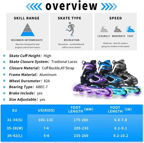Miniatura 7 de MammyGol Adjustable Inline Skates for Kids Boys Girls Youth Blades Roller Skates with Light up Wheels Ages 4-16 Verde
