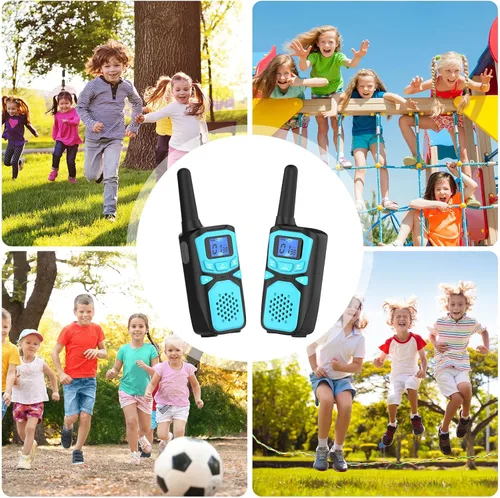 Miniatura 5 de Walkie Talkies para niños recargables, paquete de 2 Walkie-Talkie de largo alcance para radio pequeña de 2 vías, manos libres, campamento al aire