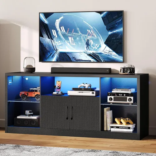 IRONCK Soporte de TV para televisores de 65 pulgadas con toma de corriente y luces LED, centro de entretenimiento de fibra de carbono con gabinetes