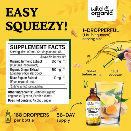 Miniatura 3 de Wild & Organic Gotas de suplemento de cúrcuma y jengibre, apoyo articular e inmunológico, curcumina líquida de cúrcuma con pimienta negra