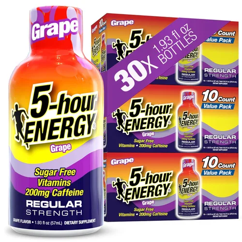 5-hour ENERGY Shots Fuerza Regular, Sabor Uva, 1.93 oz. 30 Unidades, Sin Azúcar, Cero Calorías, Aminoácidos y Vitaminas B Esenciales, Suplemento