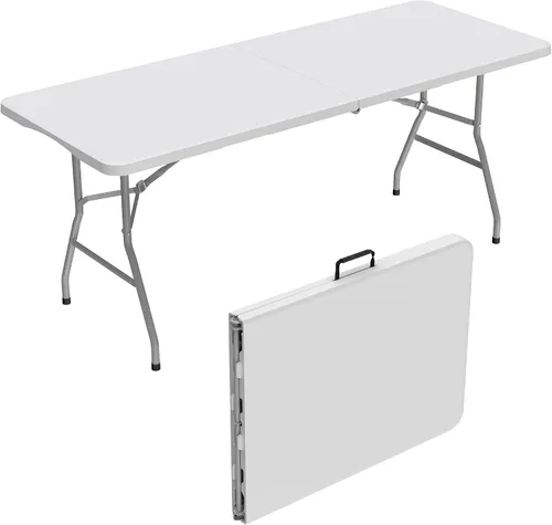 Allpop Mesa plegable de 6 pies para interior y exterior, mesa de comedor de plástico portátil plegable por la mitad con asa de transporte para Blanco