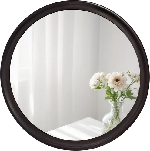Round Mirrors 24 Inch,Rustic Decorative Transitional Dark Walnut Wall Mirror with Wood Grain for Bathroom,Farmhouse Hanging Vanity Mirror for