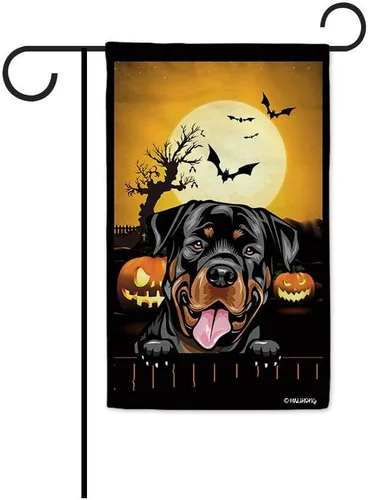 Miniatura 24 de Bandera de jardín de calabaza de Feliz Halloween Jack O'Lantern con perro Rhodesian Ridgeback Halloween Bat Boo Bandera decorativa para patio al