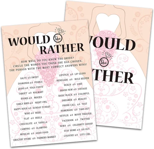 Tarjetas de juego para despedida de soltera, juego de "Would She Rather Game", tarjetas de fiesta de compromiso rosas para boda, juego de 30