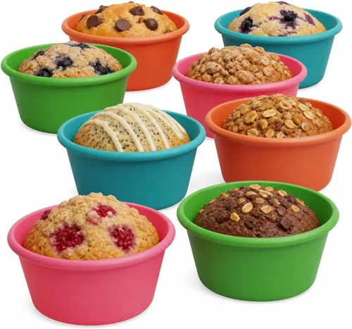 Bakerpan Forros de silicona para magdalenas grandes para hornear, juego de 8 tazas grandes de 3.5 pulgadas para freidora de aire y forros para