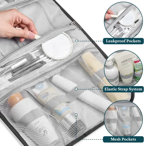 Miniatura 4 de PAVILIA - Neceser colgante para mujer y hombre, kit de viaje plegable organizador de artículos de tocador, bolsa de cosméticos enrollable, estuche