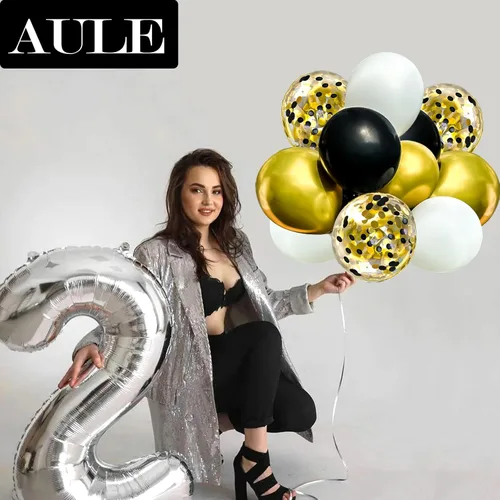 Miniatura 3 de AULE Globos de látex metálicos dorados y blancos de alta calidad, paquete de 60 globos de confeti de 12 pulgadas y oro negro con cintas doradas