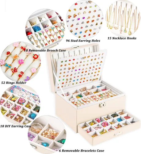 Miniatura 110 de Joyero de pendientes para mujeres y niñas, organizador de aretes de 5 capas, caja organizadora de joyas blanca con candado, collares y aretes