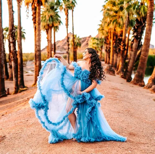 Miniatura 5 de Yexinbridal Batas de tul para mujer para sesión de fotos de maternidad, largo hinchado, ilusión, vestido de novia con volantes y abertura, bufanda