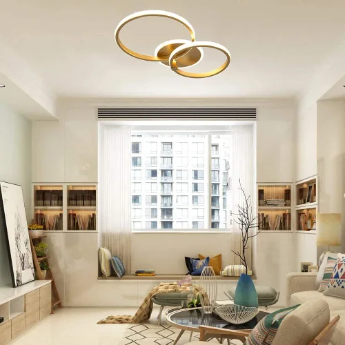 Miniatura 3 de Lámpara de techo LED moderna, lámpara de techo de montaje empotrado de 40 W con círculo de dos anillos, lámparas acrílicas doradas para sala