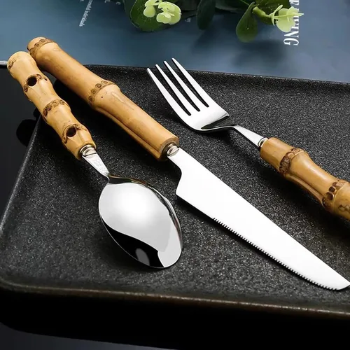 Miniatura 6 de Juego de cubiertos de bambú para 4, 20 piezas de cubiertos de acero inoxidable 18/8, juego de cubiertos de mango de bambú natural, utensilios