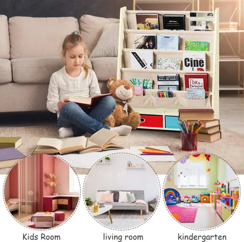 Miniatura 8 de HONEY JOY Estante para libros para niños con 2 contenedores de almacenamiento, estantería de madera para niños pequeños con 4 estantes de Beige