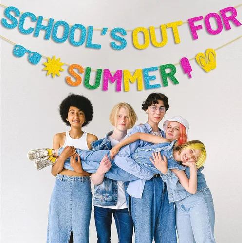 Miniatura 5 de JOZON Cartel colorido y brillante de la escuela para el verano con gafas de sol de paletas de sol, letreros de fin de año escolar, pancarta