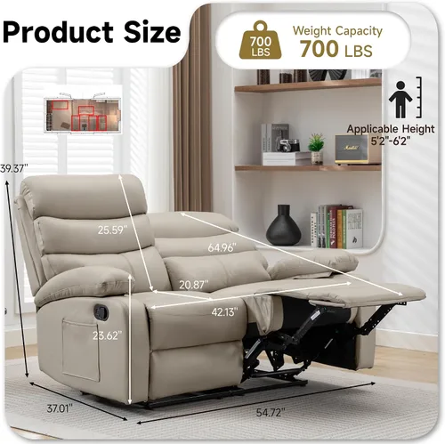 Miniatura 2 de Sofá biplaza reclinable, sofá reclinable doble de cuero con bolsillo lateral, sofá biplaza reclinable de pared para sala de estar, caravana, cine