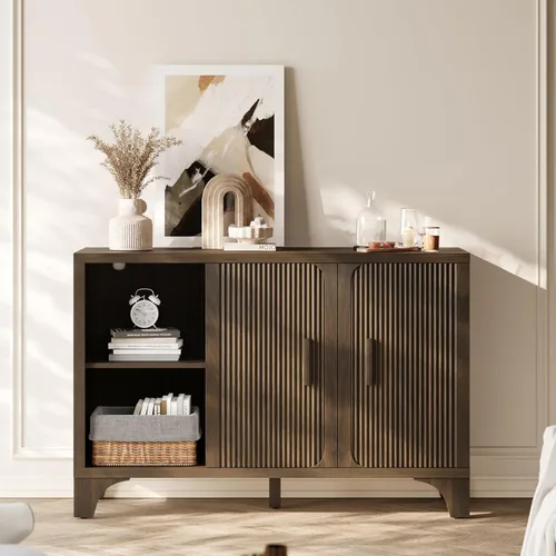 Miniatura 11 de Gabinete de buffet acanalado moderno de mediados de siglo con almacenamiento, aparador decorativo y armario de almacenamiento de credenza con Roble