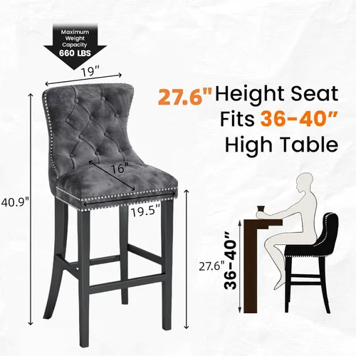 Miniatura 3 de Recaceik Juego de 2 taburetes de bar de altura de mostrador, modernos taburetes de bar de terciopelo con respaldo, taburetes de bar tapizados de 27
