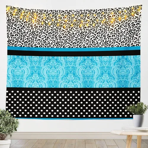 Colgante de pared con estampado de leopardo, pequeño 51 x 59, tapiz de guepardo de cachemira verde azulado bohemio con lunares blancos y negros,