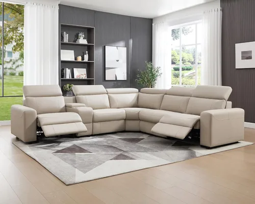 Sofá Reclinable Eléctrico AMERLIFE, Sofá Reclinable con Consola y Reclinación Dual, Sofá Seccional de Cuero para Sala de Estar, Beige Marrón