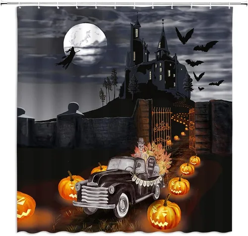 Cortina de ducha de Halloween, castillo aterrador, calabaza, camión, calavera, murciélago de terror, luna llena, bruja, tela gótica, juego de