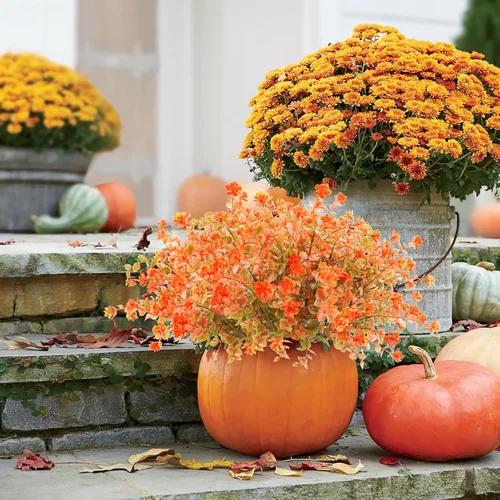 Miniatura 7 de Uieke 24 flores artificiales de otoño para exteriores, resistentes a los rayos UV, plantas de otoño sintéticas, arbustos que no se decoloran, Naranja