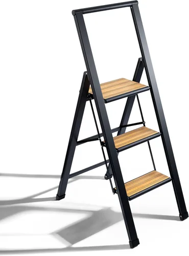 Escalera plegable de 3 escalones, decorativa, hermoso bambú y aluminio negro, perfil ultra delgado, peldaños antideslizantes, resistente y portátil