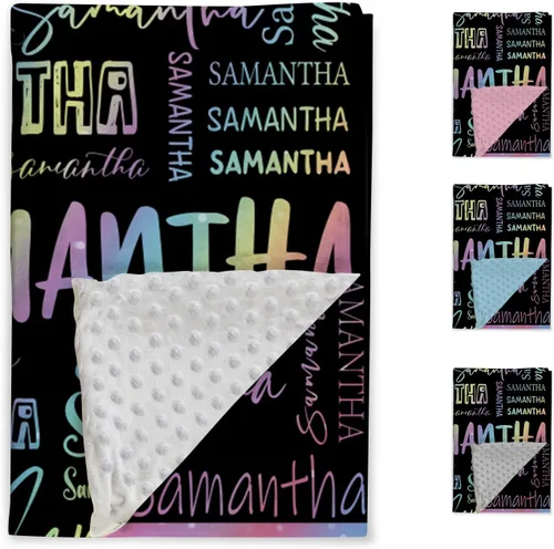 Miniatura 2 de Manta con nombre personalizable, diseño de nombre múltiple, manta de franela de felpa suave personalizada con respaldo punteado de doble capa