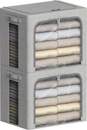 Miniatura 9 de FHSQX Paquete de 2 contenedores de almacenamiento de ropa apilables, caja de almacenamiento con marco de metal, organizador plegable de tela de lino