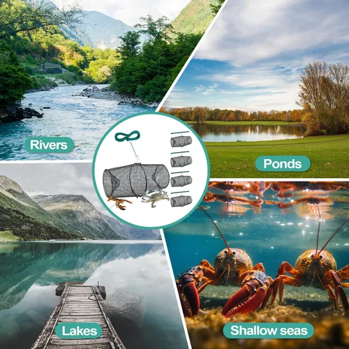 Miniatura 4 de Juego de 4 trampas para cangrejos con clip de resorte de cierre y 4 cuerdas de mano, trampa de pesca para cangrejos de río Crawdad langosta cebo