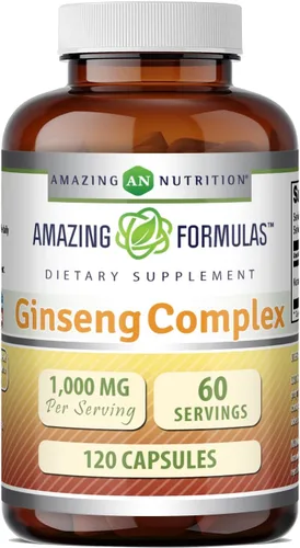 Amazing Formulas Complejo de ginseng de 1000 mg de extracto de ginseng coreano 4:1, suplemento de cápsulas, sin OMG, sin gluten, fabricado en