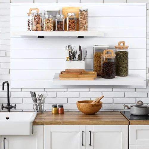 Miniatura 6 de Landical Juego de 4 estantes flotantes de madera para pared, estantes de pared de listones blancos con ganchos de metal, accesorios para sala