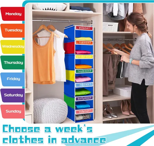 Miniatura 7 de Amylove Organizador semanal de ropa para niños, 2 piezas, con 7 estantes, organizador colgante de armario de 11.8 x 11.8 x 50 pulgadas, actividades