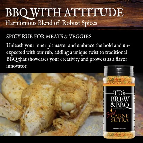 Miniatura 5 de TD's Brew & BBQ SPICY CARNE SUTRA Rub & Seasoning BBQ Rub Condimento picante para carne Masaje picante para carnes y verduras Masaje picante