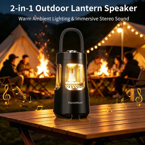 Miniatura 5 de Revonext - Linterna de campamento con altavoz Bluetooth, altavoz inalámbrico impermeable para exteriores con luz ambiental de doble color, altavoz