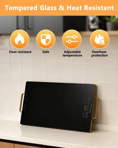 Miniatura 9 de Bandeja Calentadora Eléctrica de 20" x 12", Bandeja Calentadora de Superficie Completa con Parte Superior de Vidrio, Temperatura Ajustable