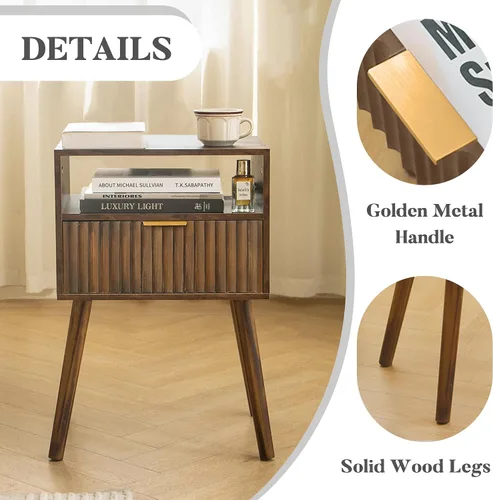 Miniatura 4 de Fultyle Mesita de noche de nogal, mesa de noche de madera con cajones acanalados y estante abierto, mesita de noche de madera para dormitorio