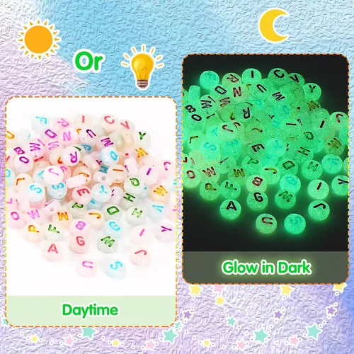 Miniatura 3 de DECYOOL DECYOOL - 700 cuentas redondas de letras que brillan en la oscuridad, cuentas acrílicas brillantes del alfabeto para pulseras, collares