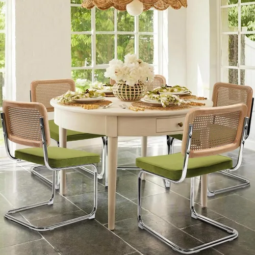 Miniatura 13 de KROFEM Juego de 2 sillas de comedor, sillas modernas de ratán para la cocina, diseño moderno de mediados de siglo, estructura de cromo pulido, Negro