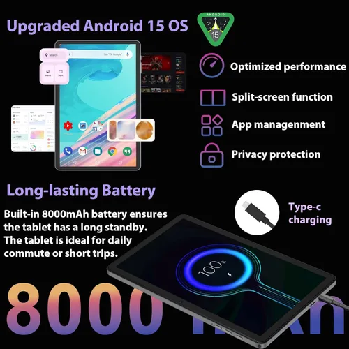 Miniatura 6 de Tablet Android 15 2026 con teclado - 26GB+256GB+2TB Expand, Octa-Core, Gemini AI, 2.4G/5G Wifi, 8000mAh, Widevine L1, cámara dual, tabletas 2 en 1