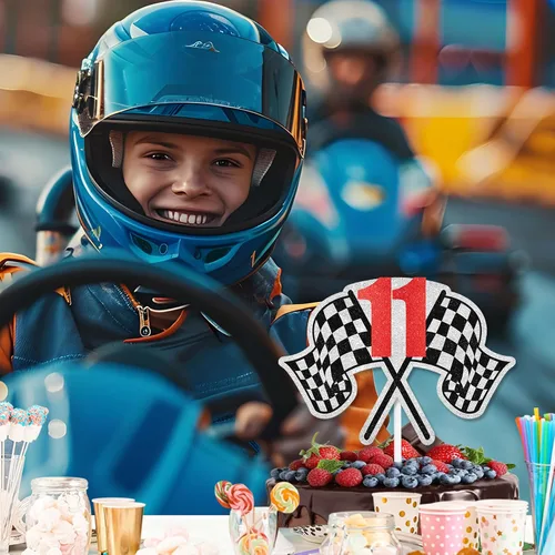 Miniatura 4 de Decoración para pastel de carreras de cumpleaños número 11, bandera a cuadros, rápido, decoración de automóvil, fiesta de cumpleaños de corredor