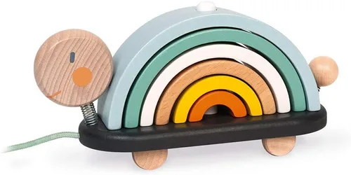Janod - Sweet Cocoon Tortuga Arcoiris de madera apilar y tirar de juguete de 7 piezas de construcción y anidación con 6 arcos pastel, cabeza y cola