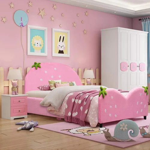 Miniatura 14 de Costzon Armazones de Cama Individual para Niños, Plataforma de Cama Individual Tapizada de Madera con Soporte de Listones, Cabecera y Pie de Cama