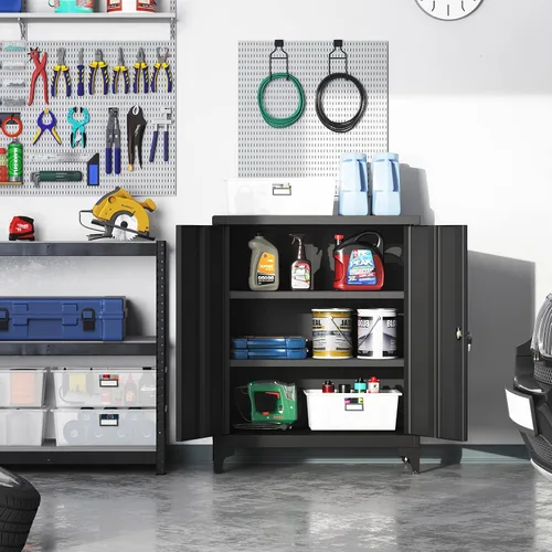 Miniatura 4 de SONGMICS Gabinete de Garaje, Gabinete de Almacenamiento de Metal con Puertas y Estantes, para Oficina en Casa, Garaje y Cuarto de Servicio, Negro