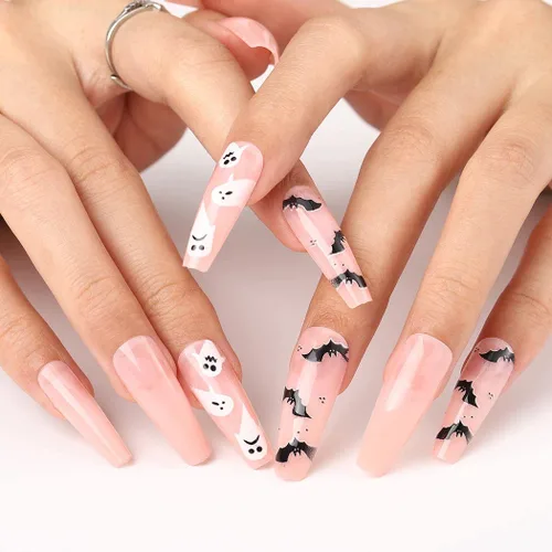 Miniatura 4 de Uñas postizas de Halloween con diseño de ataúd, uñas postizas acrílicas extralargas con diseños, uñas postizas de cobertura completa con gel, 24
