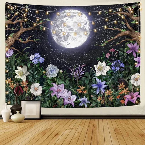 Neasow Tapiz estético de luna para colgar en la pared, paisaje nocturno con plantas coloridas, tapices florales para dormitorio, decoración del