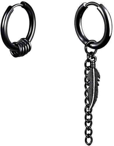 Aretes de aro para hombre con cruz de pluma y cono de cadena de bola, de acero inoxidable 316L negro, estilo punk, hip hop, rock, gótico, Kpop, para