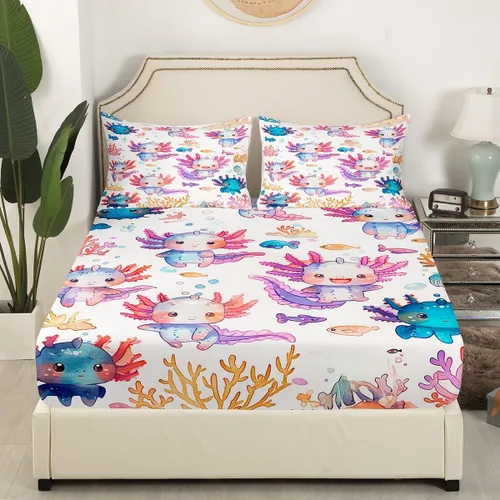 Miniatura 3 de Manfei Sábana bajera ajustable de ajolote de acuarela, tamaño individual, juego de ropa de cama de hojas de algas subacuáticas, 2 piezas
