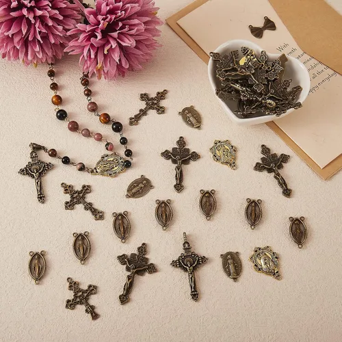Miniatura 6 de BEEFLYING 60 piezas de rosario católico de aleación de estilo tibetano Jesús crucifijo de paz cruz centro María Milagrosa Medalla Colgantes Virgen
