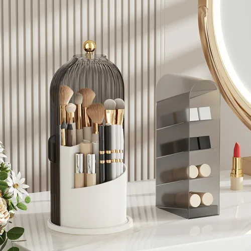 Miniatura 6 de Soporte para brochas de maquillaje con tapa, organizador de herramientas cosméticas de apertura deslizante giratoria de 360°, organizador de brochas